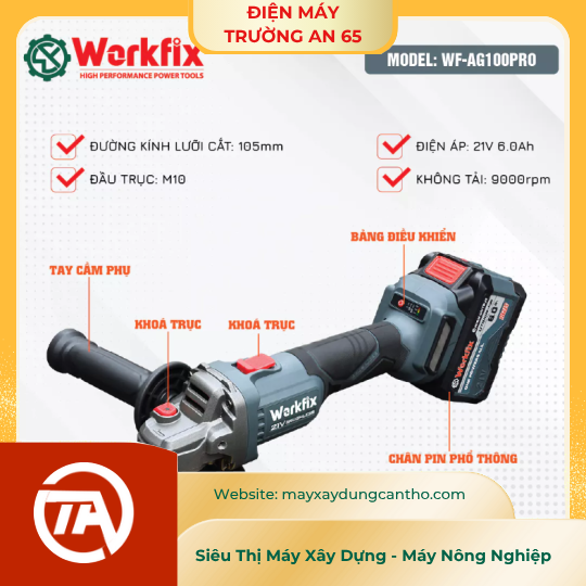 Máy Cắt Mài WORKFIX WF-AG100PRO, 15cell - 3 Mức Chỉnh Tốc - Antikickback
